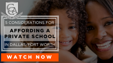 Mom and daughter smiling in a graphic that links to a video on affording private school